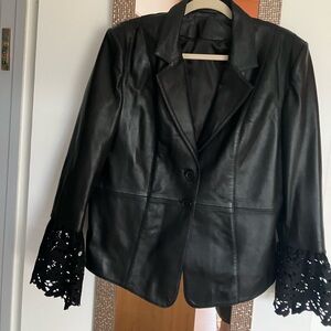 Black Leather Jacket with Lace Cuffs